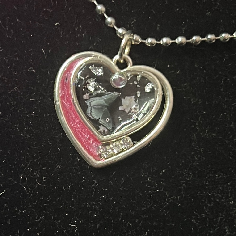 Clear Resin Silver Heart Pendant with Pink Resin and Free Necklace